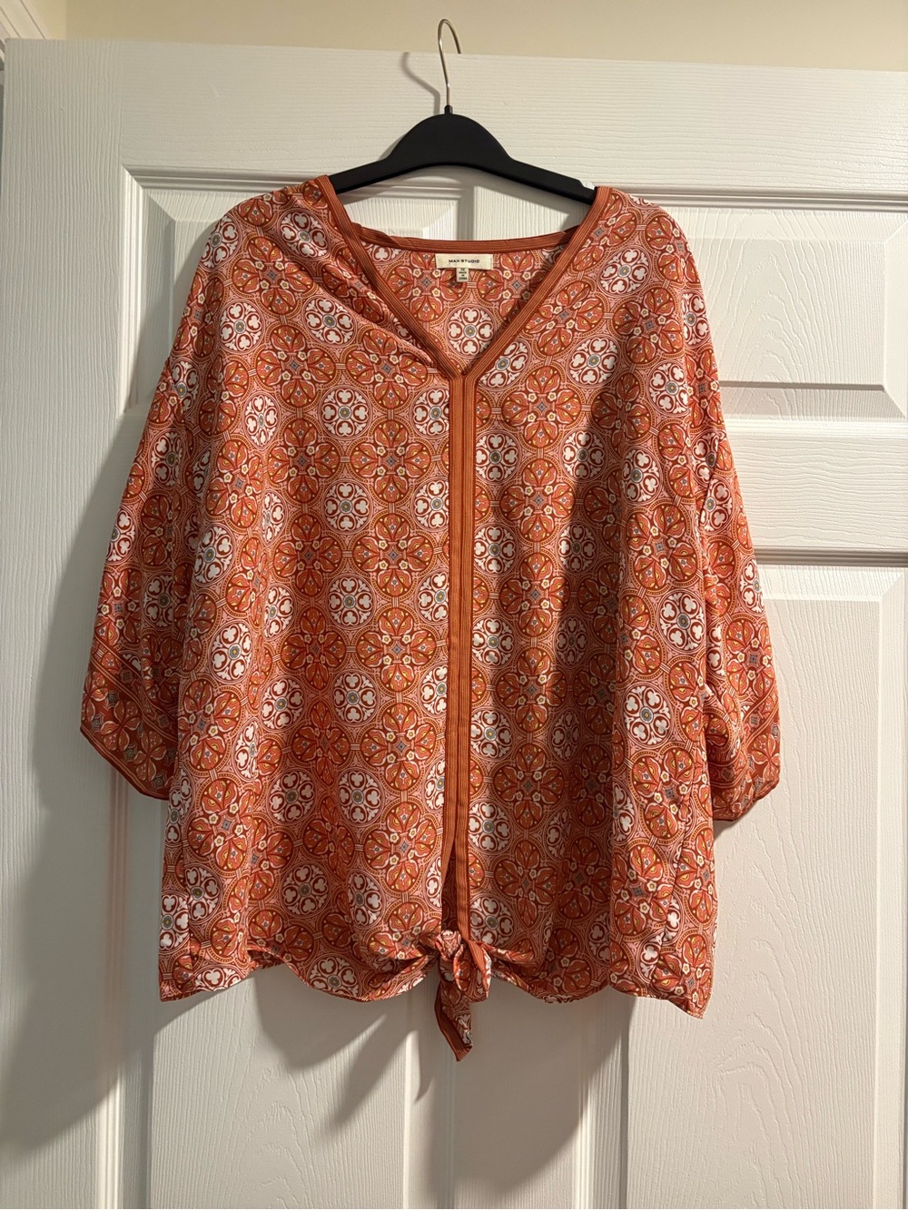 Max Studio Orange Geo-Tile Tie-Front Blouse